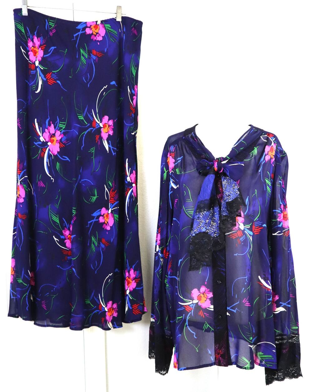 Vintage 90s Y2K Floral Maxi Skirt Set Outfit Pussybow Blouse Tie Large Fairycore